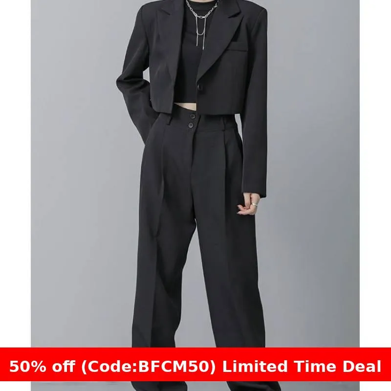 Amozae business casual outfits 2024 Spring and Summer Black Suit Short Coat Pants Suit Loose Short Suit Suit Women's Fashion