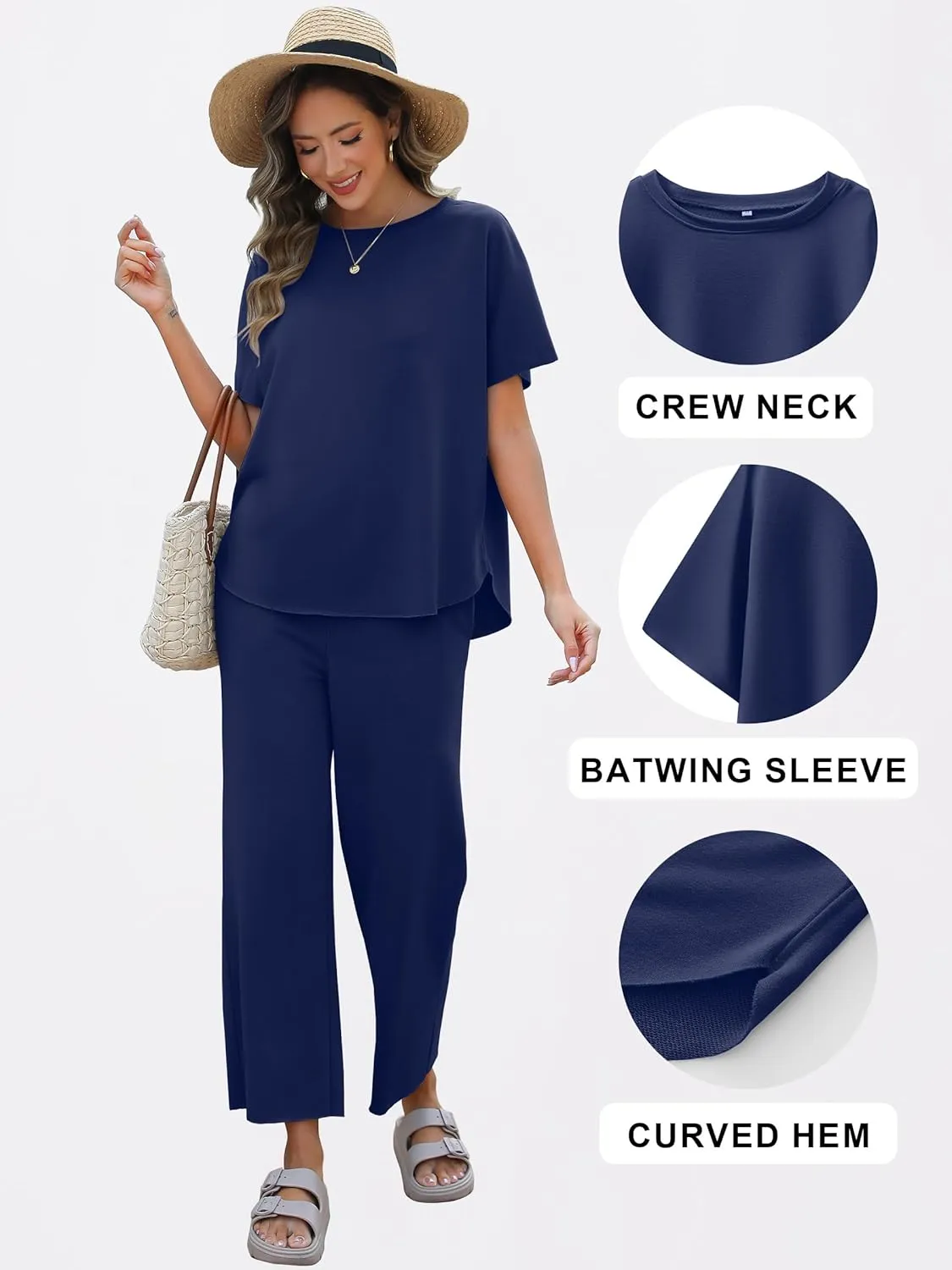 ANRABESS Women's 2 Piece Outfits 3/4 Batwing Sleeve Top Wide Leg Crop Pants Sets 2025 Summer Beach Travel Lounge Set Clothes