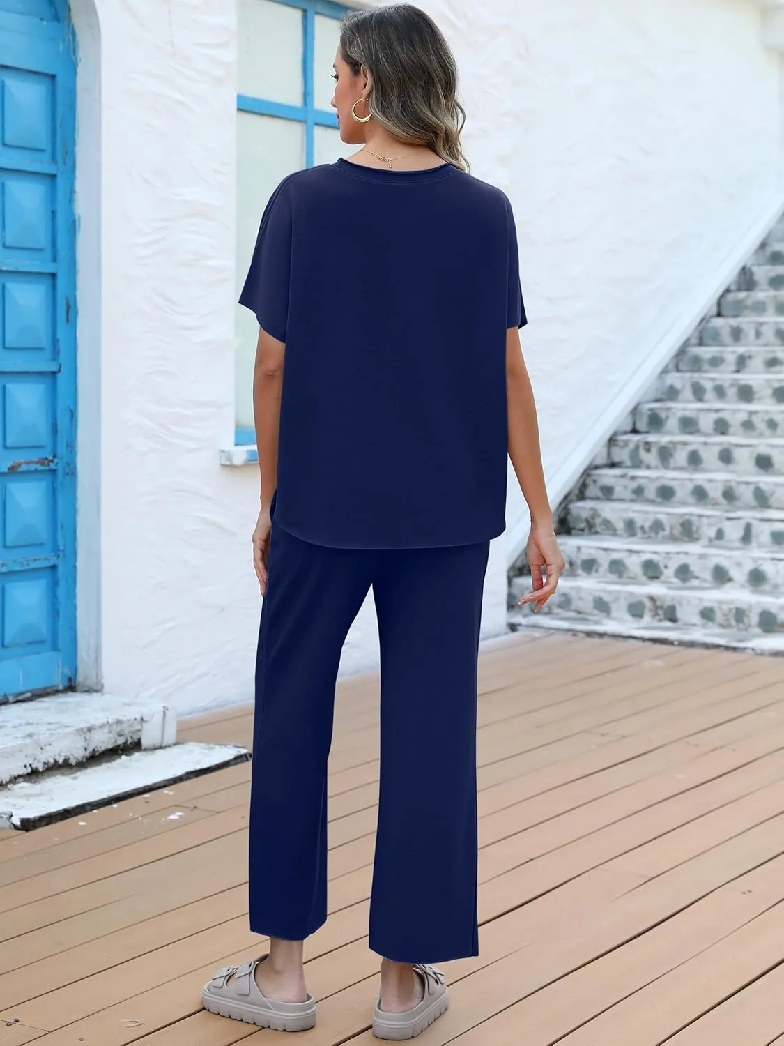 ANRABESS Women's 2 Piece Outfits 3/4 Batwing Sleeve Top Wide Leg Crop Pants Sets 2025 Summer Beach Travel Lounge Set Clothes