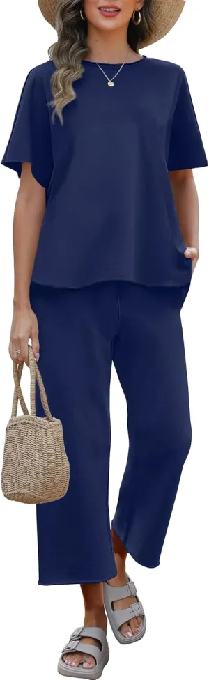 ANRABESS Women's 2 Piece Outfits 3/4 Batwing Sleeve Top Wide Leg Crop Pants Sets 2025 Summer Beach Travel Lounge Set Clothes