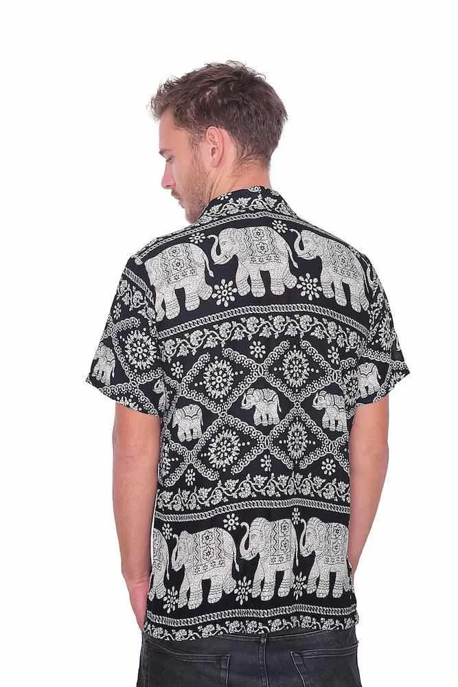 Black Elephant Print Aloha Short Sleeve