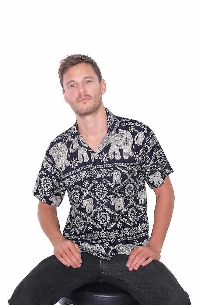 Black Elephant Print Aloha Short Sleeve