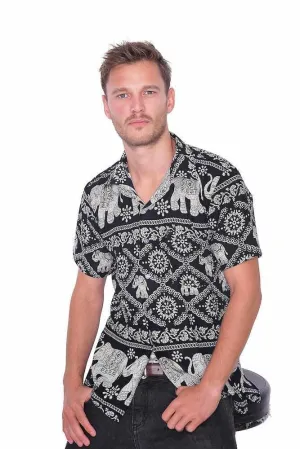 Black Elephant Print Aloha Short Sleeve