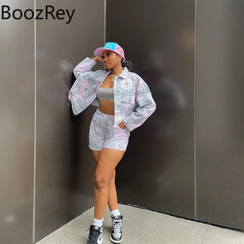 BoozRey Women Fall shorts sets Casual Fashion Printed Y2k Womens Jacket Long Sleeve Top Short Pants two piece set plus size sets