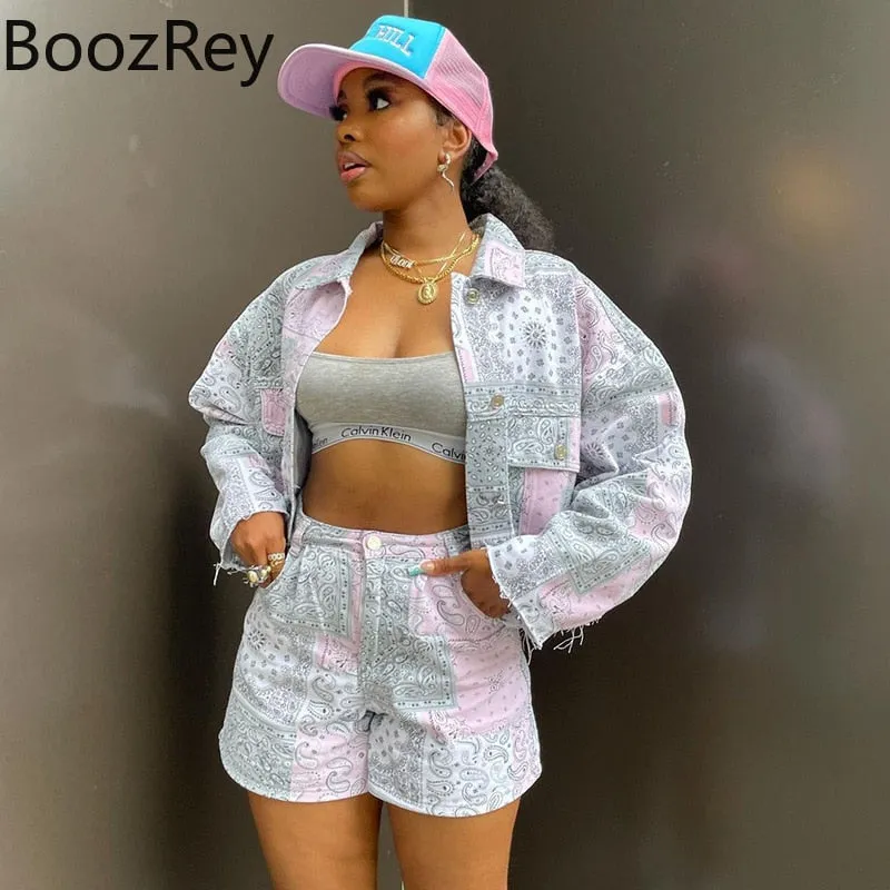 BoozRey Women Fall shorts sets Casual Fashion Printed Y2k Womens Jacket Long Sleeve Top Short Pants two piece set plus size sets