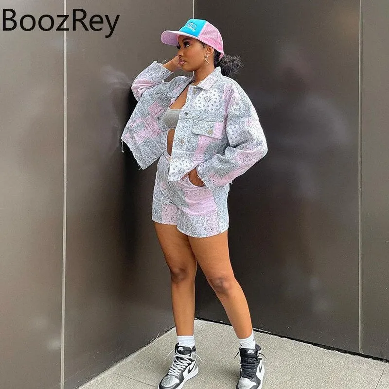BoozRey Women Fall shorts sets Casual Fashion Printed Y2k Womens Jacket Long Sleeve Top Short Pants two piece set plus size sets