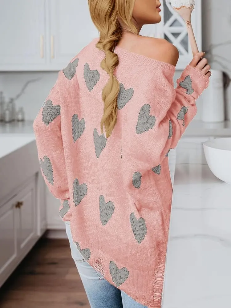 Chang Yun Women Off Shoulder Knitted Pullovers Sweater Loose Long Sleeve Hearts Printed Ripped Tops