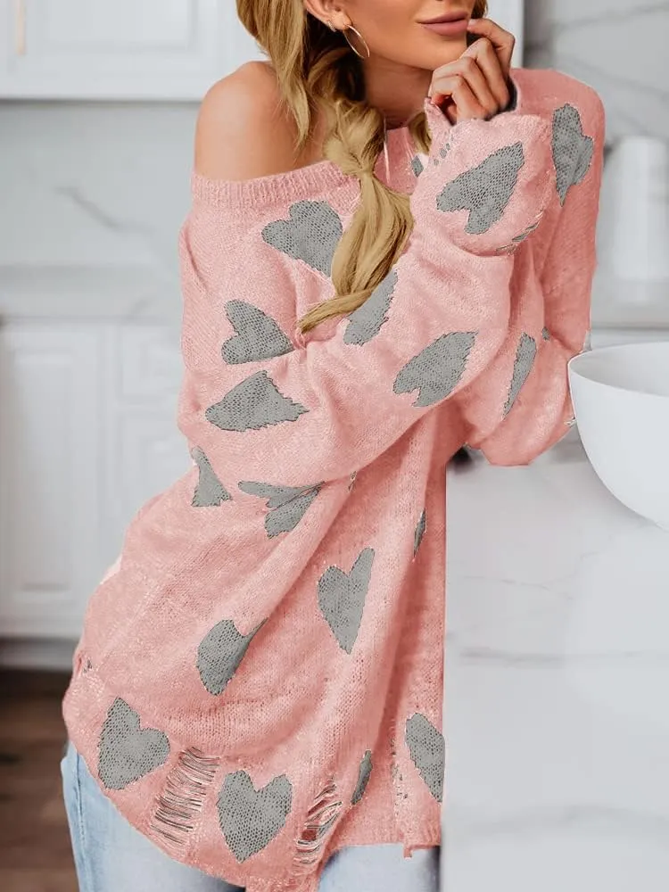 Chang Yun Women Off Shoulder Knitted Pullovers Sweater Loose Long Sleeve Hearts Printed Ripped Tops