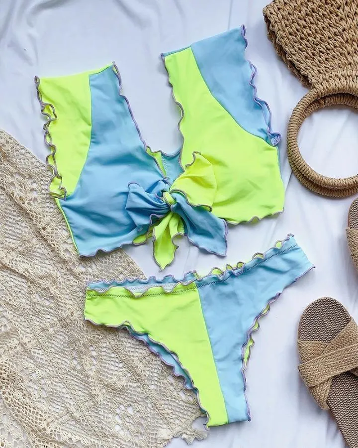 Colorblock Sleeveless Strappy Cropped Tops With Panties Bikini Sets
