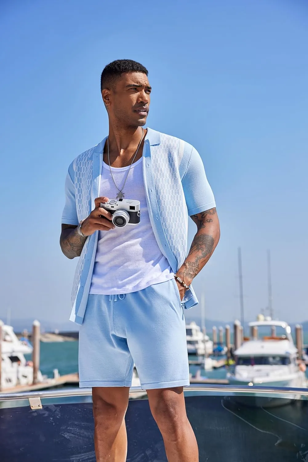 COOFANDY Men's 2 Piece Outfit Vintage Short Sleeve Button Down Knit Polo Shirts Casual Beach Shorts Sets