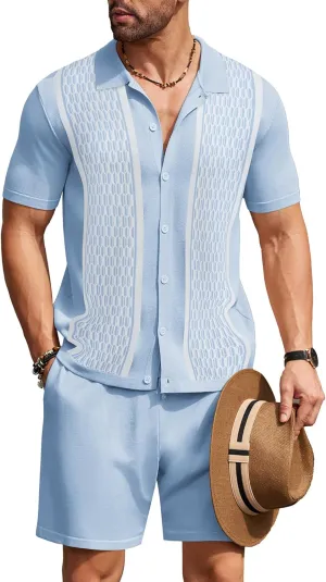 COOFANDY Men's 2 Piece Outfit Vintage Short Sleeve Button Down Knit Polo Shirts Casual Beach Shorts Sets