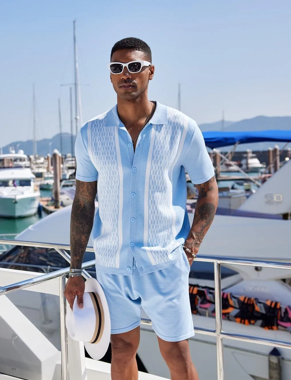 COOFANDY Men's 2 Piece Outfit Vintage Short Sleeve Button Down Knit Polo Shirts Casual Beach Shorts Sets