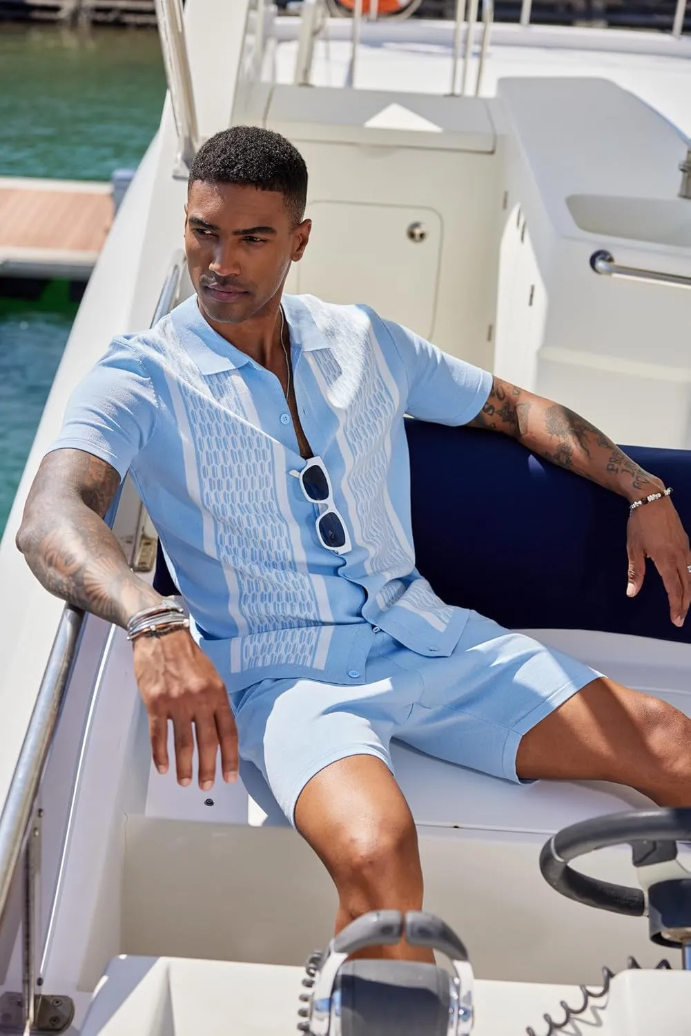 COOFANDY Men's 2 Piece Outfit Vintage Short Sleeve Button Down Knit Polo Shirts Casual Beach Shorts Sets