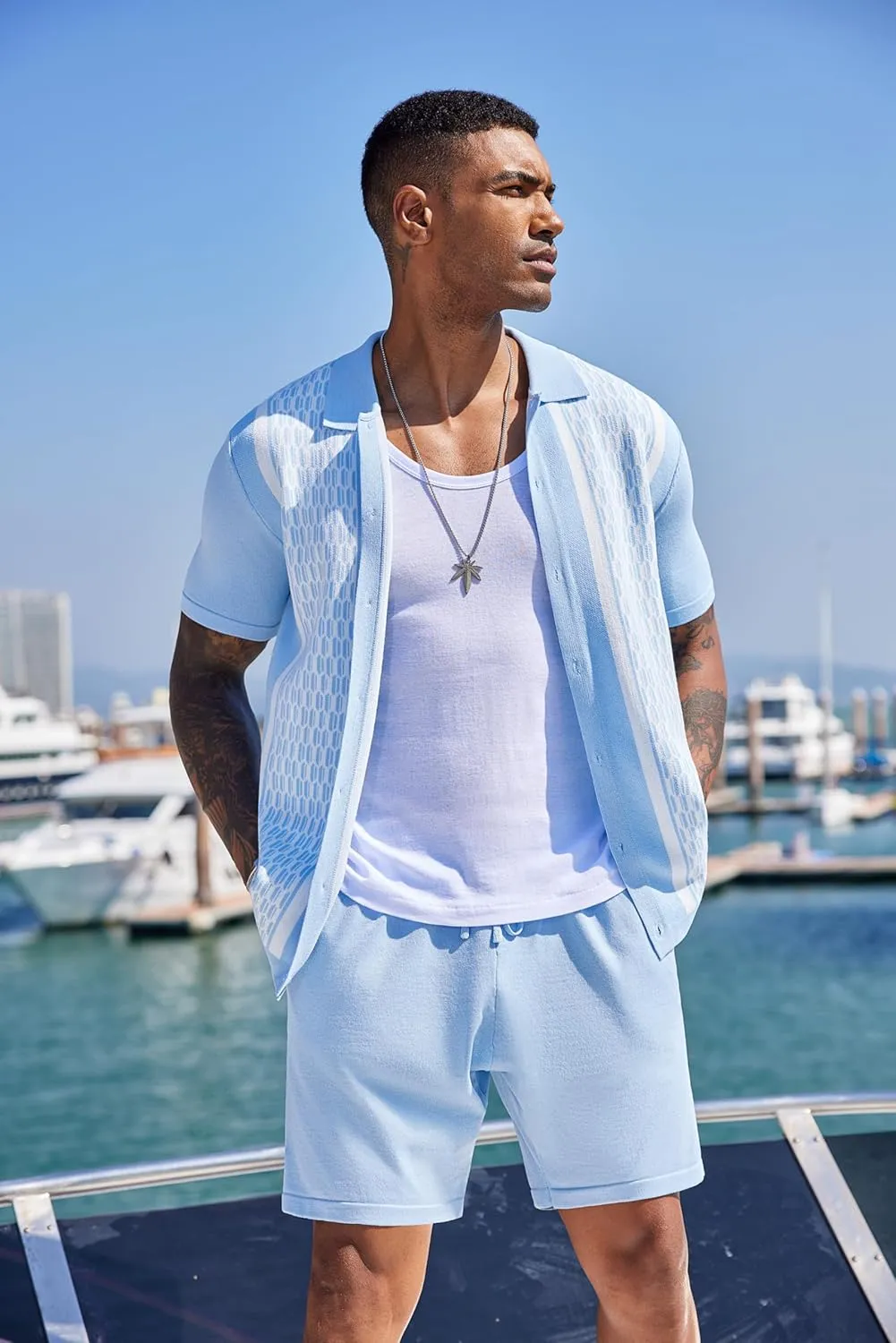 COOFANDY Men's 2 Piece Outfit Vintage Short Sleeve Button Down Knit Polo Shirts Casual Beach Shorts Sets