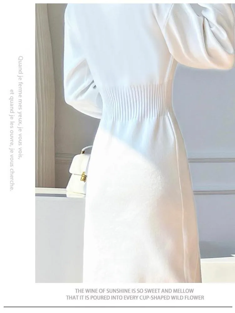 deanwangkt Korean White Fashions High Neck Knitted Warm Sweater Dress Autumn Winter Female Black Classy Retro Slim Waist Long Dress Simple