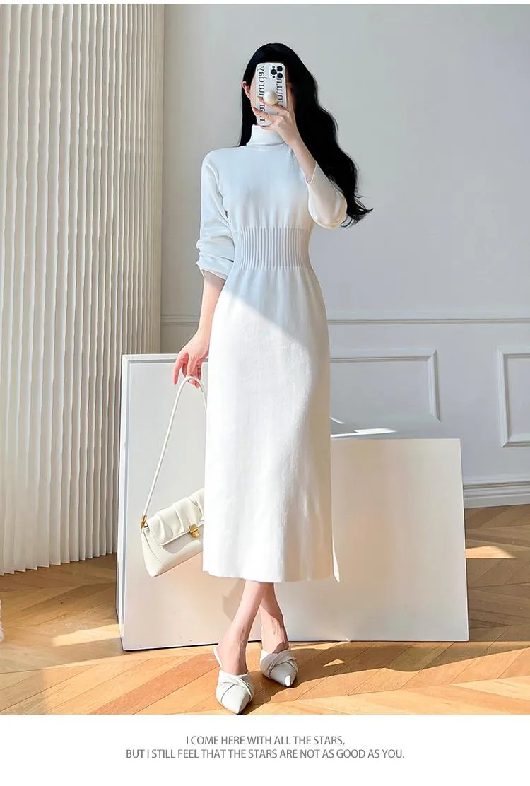 deanwangkt Korean White Fashions High Neck Knitted Warm Sweater Dress Autumn Winter Female Black Classy Retro Slim Waist Long Dress Simple