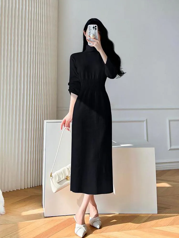 deanwangkt Korean White Fashions High Neck Knitted Warm Sweater Dress Autumn Winter Female Black Classy Retro Slim Waist Long Dress Simple