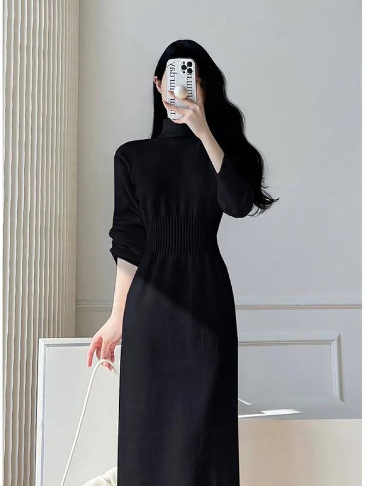 deanwangkt Korean White Fashions High Neck Knitted Warm Sweater Dress Autumn Winter Female Black Classy Retro Slim Waist Long Dress Simple