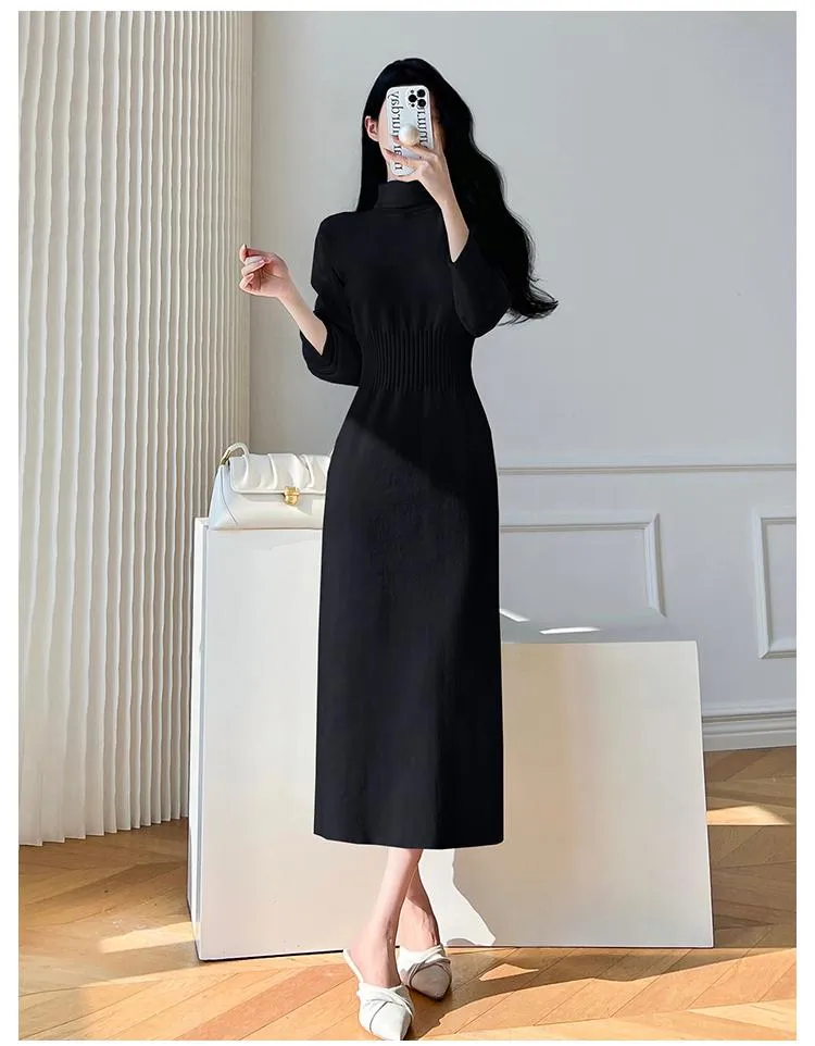 deanwangkt Korean White Fashions High Neck Knitted Warm Sweater Dress Autumn Winter Female Black Classy Retro Slim Waist Long Dress Simple