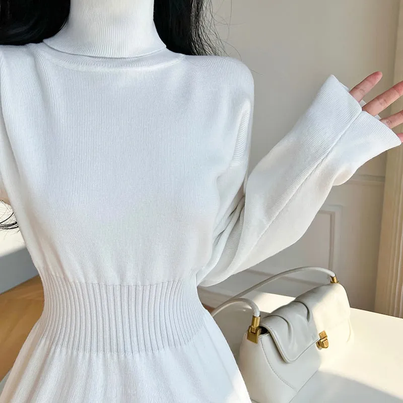 deanwangkt Korean White Fashions High Neck Knitted Warm Sweater Dress Autumn Winter Female Black Classy Retro Slim Waist Long Dress Simple