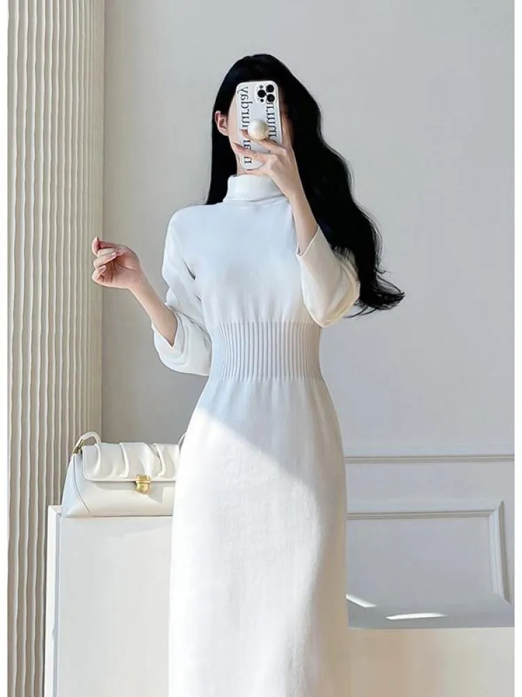 deanwangkt Korean White Fashions High Neck Knitted Warm Sweater Dress Autumn Winter Female Black Classy Retro Slim Waist Long Dress Simple