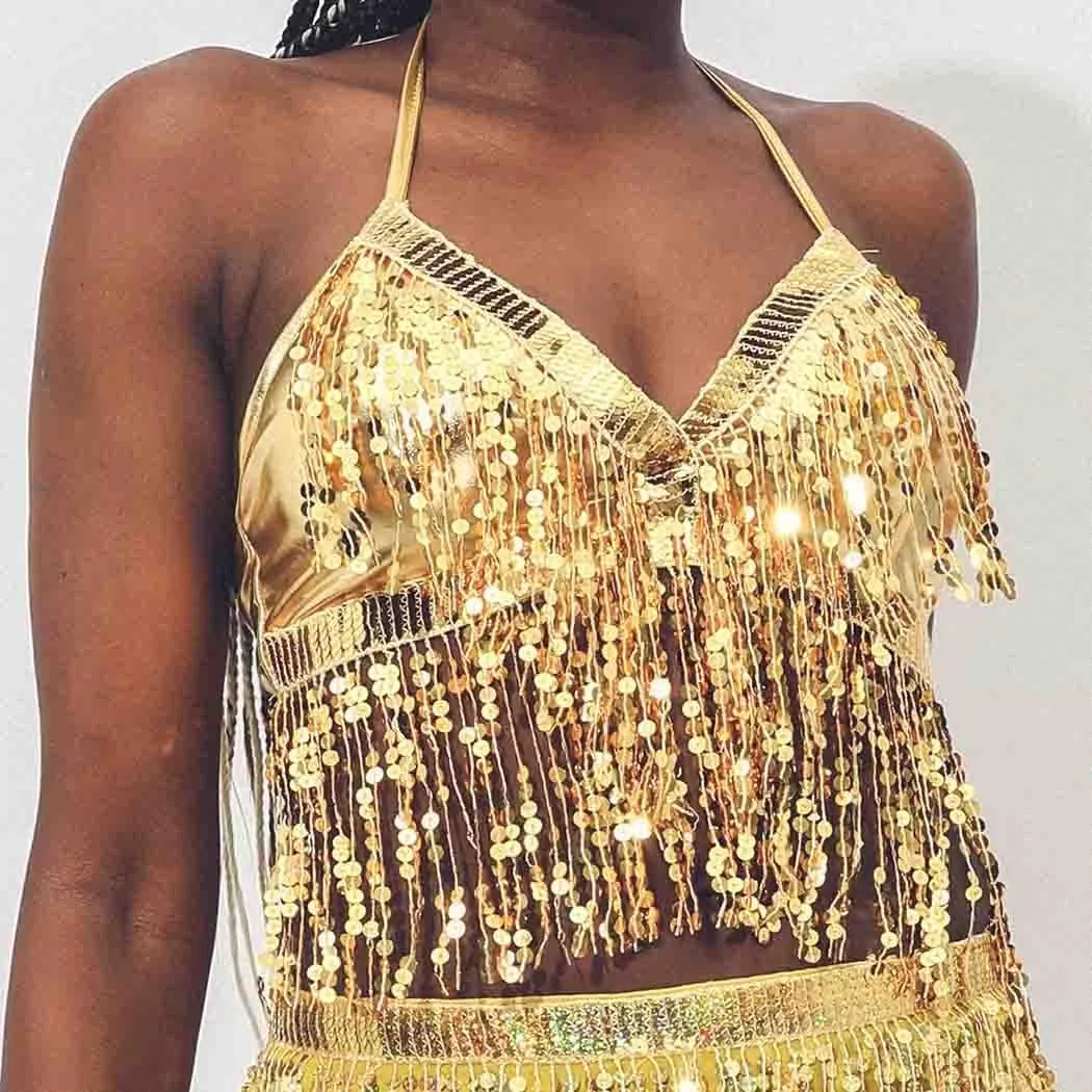 DRESBE Sparkly Sequin Fringe Bra Top Tassel Belly Dance Top Party Halter Costume for Women