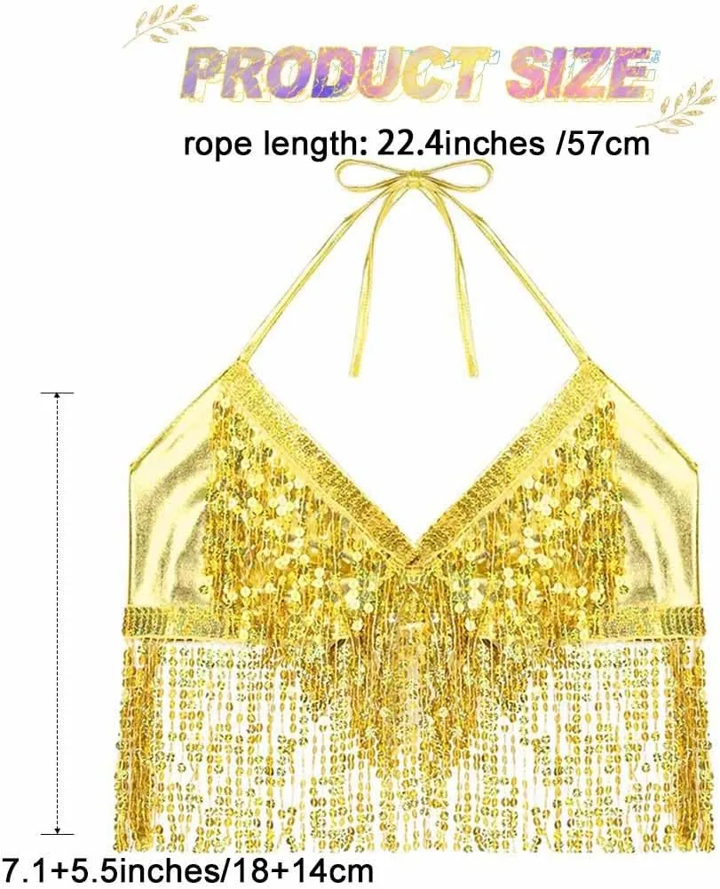 DRESBE Sparkly Sequin Fringe Bra Top Tassel Belly Dance Top Party Halter Costume for Women