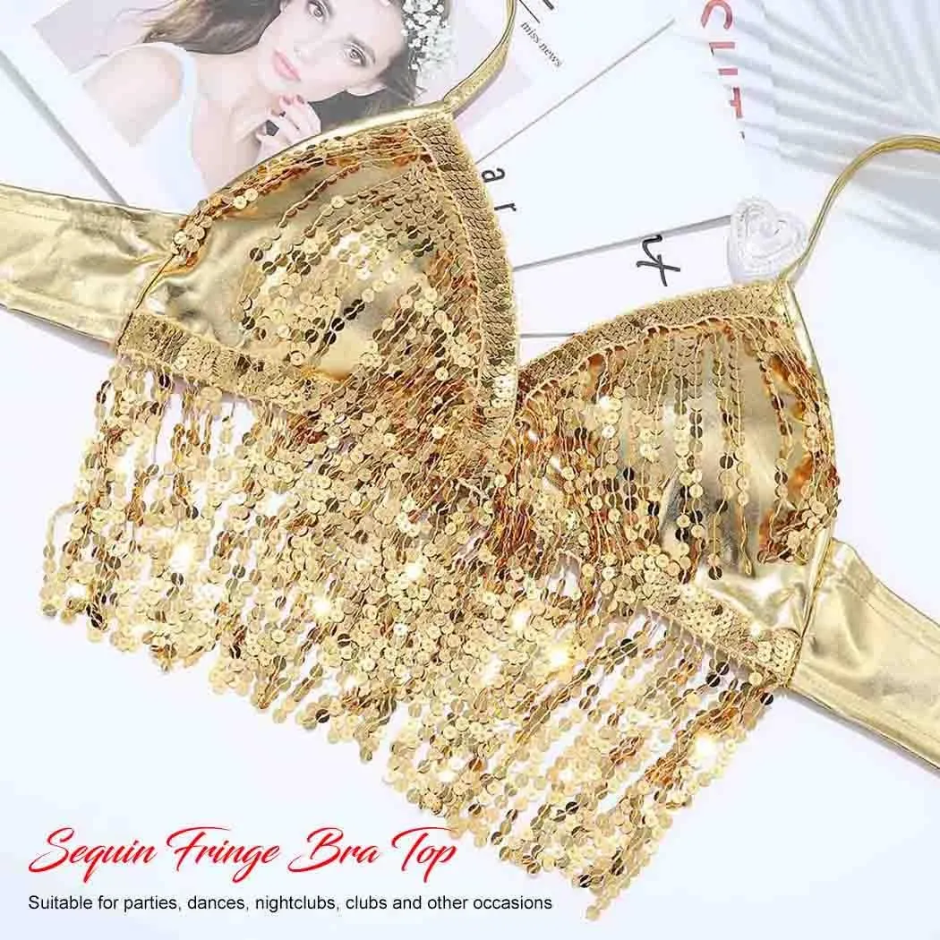 DRESBE Sparkly Sequin Fringe Bra Top Tassel Belly Dance Top Party Halter Costume for Women