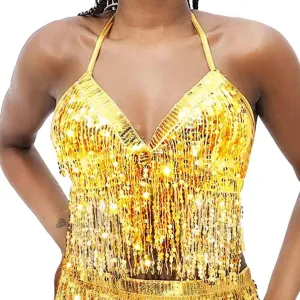 DRESBE Sparkly Sequin Fringe Bra Top Tassel Belly Dance Top Party Halter Costume for Women