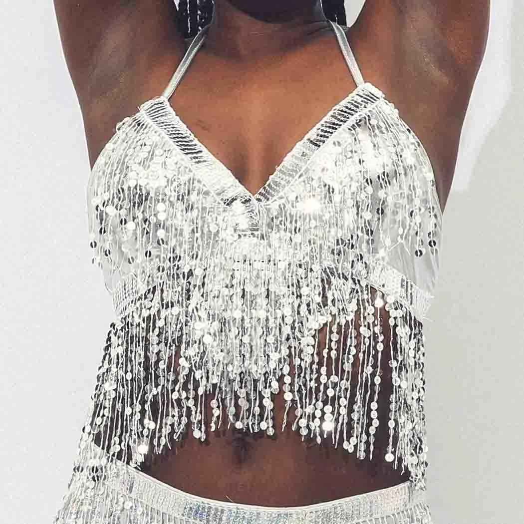 DRESBE Sparkly Sequin Fringe Bra Top Tassel Belly Dance Top Party Halter Costume for Women