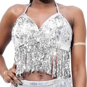 DRESBE Sparkly Sequin Fringe Bra Top Tassel Belly Dance Top Party Halter Costume for Women