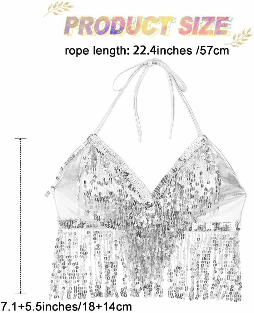 DRESBE Sparkly Sequin Fringe Bra Top Tassel Belly Dance Top Party Halter Costume for Women