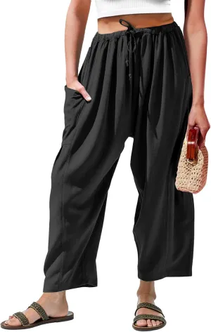 Duyang Women Linen Wide Leg Pants Casual Summer Palazzo Pants Beach Vacation Outfits Flowy Loose Trousers with Pockets