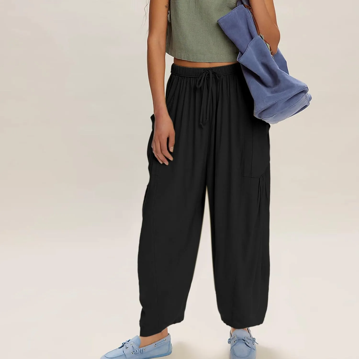 Duyang Women Linen Wide Leg Pants Casual Summer Palazzo Pants Beach Vacation Outfits Flowy Loose Trousers with Pockets