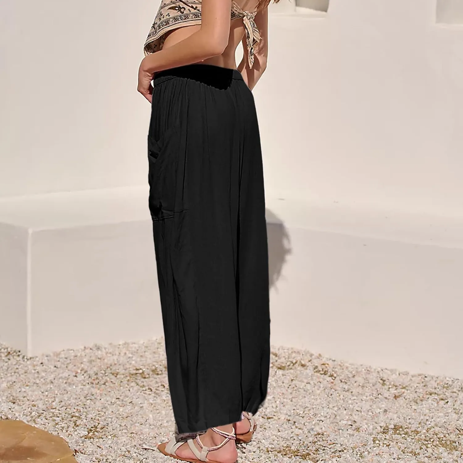 Duyang Women Linen Wide Leg Pants Casual Summer Palazzo Pants Beach Vacation Outfits Flowy Loose Trousers with Pockets
