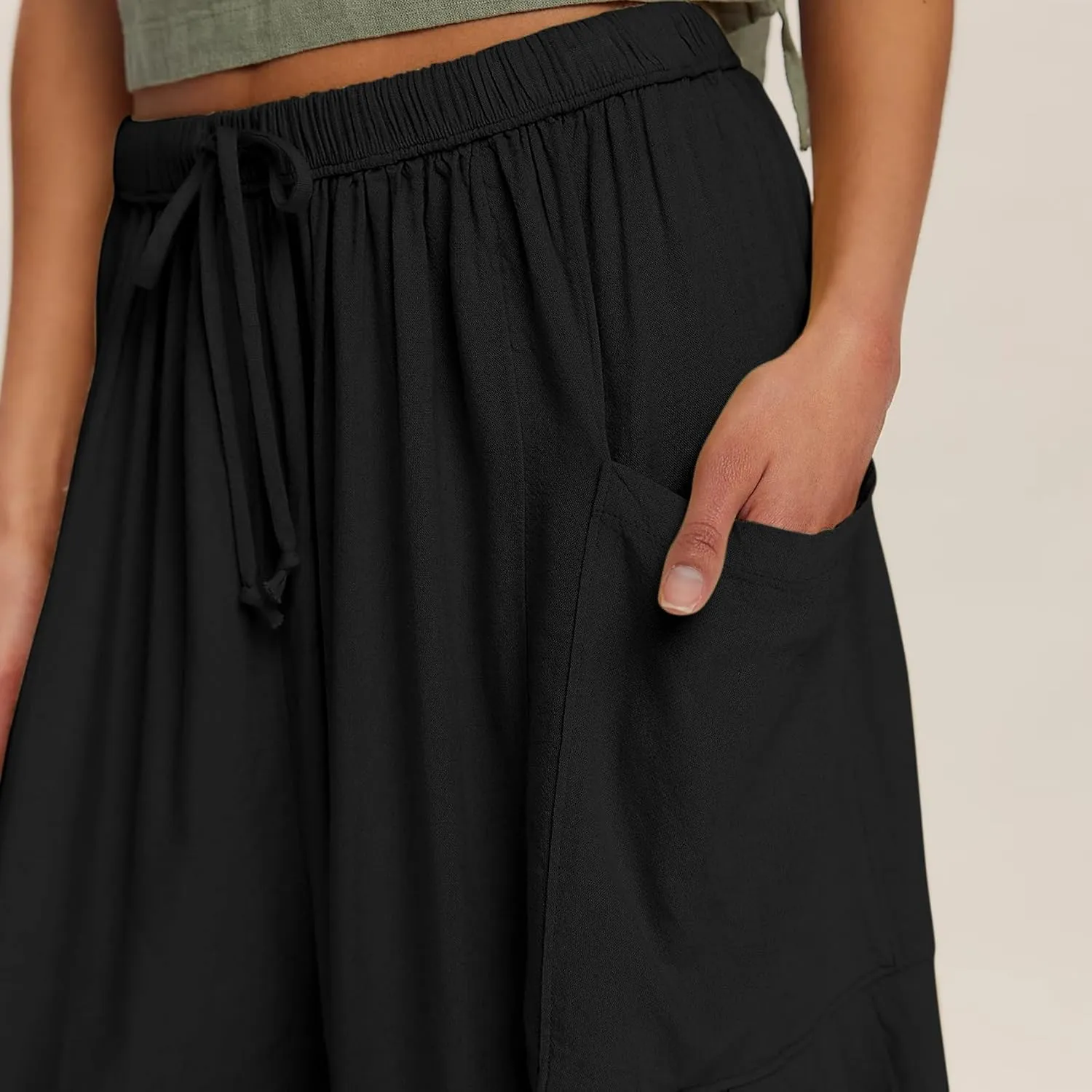 Duyang Women Linen Wide Leg Pants Casual Summer Palazzo Pants Beach Vacation Outfits Flowy Loose Trousers with Pockets