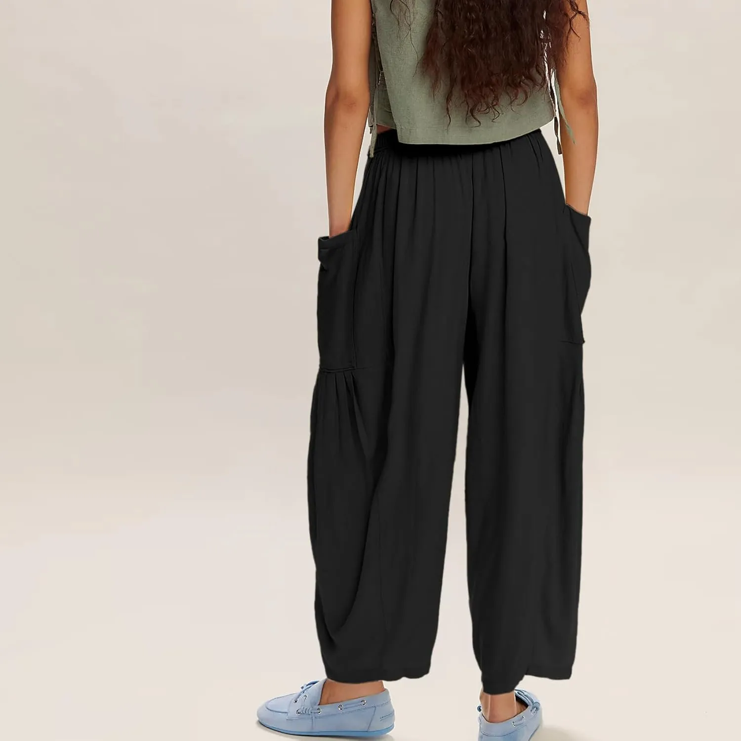Duyang Women Linen Wide Leg Pants Casual Summer Palazzo Pants Beach Vacation Outfits Flowy Loose Trousers with Pockets