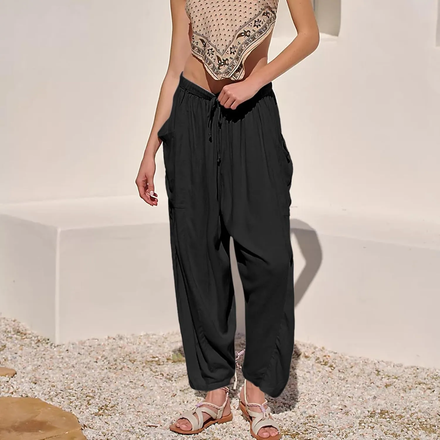 Duyang Women Linen Wide Leg Pants Casual Summer Palazzo Pants Beach Vacation Outfits Flowy Loose Trousers with Pockets