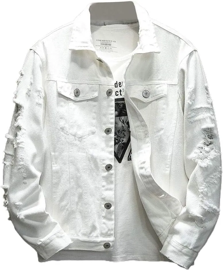 ebossy Men's Ripped Long Sleeve Fashion Distressed Motorcycle Denim Jean Jacket