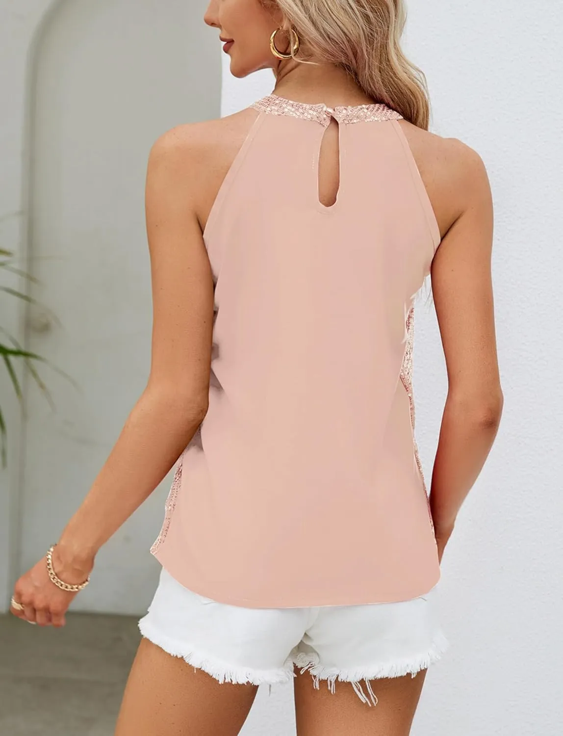 FEOYA Women Sparkle Sequins Halter Top Shimmer Shiny Sleeveless Shirts Glitter Cami Top