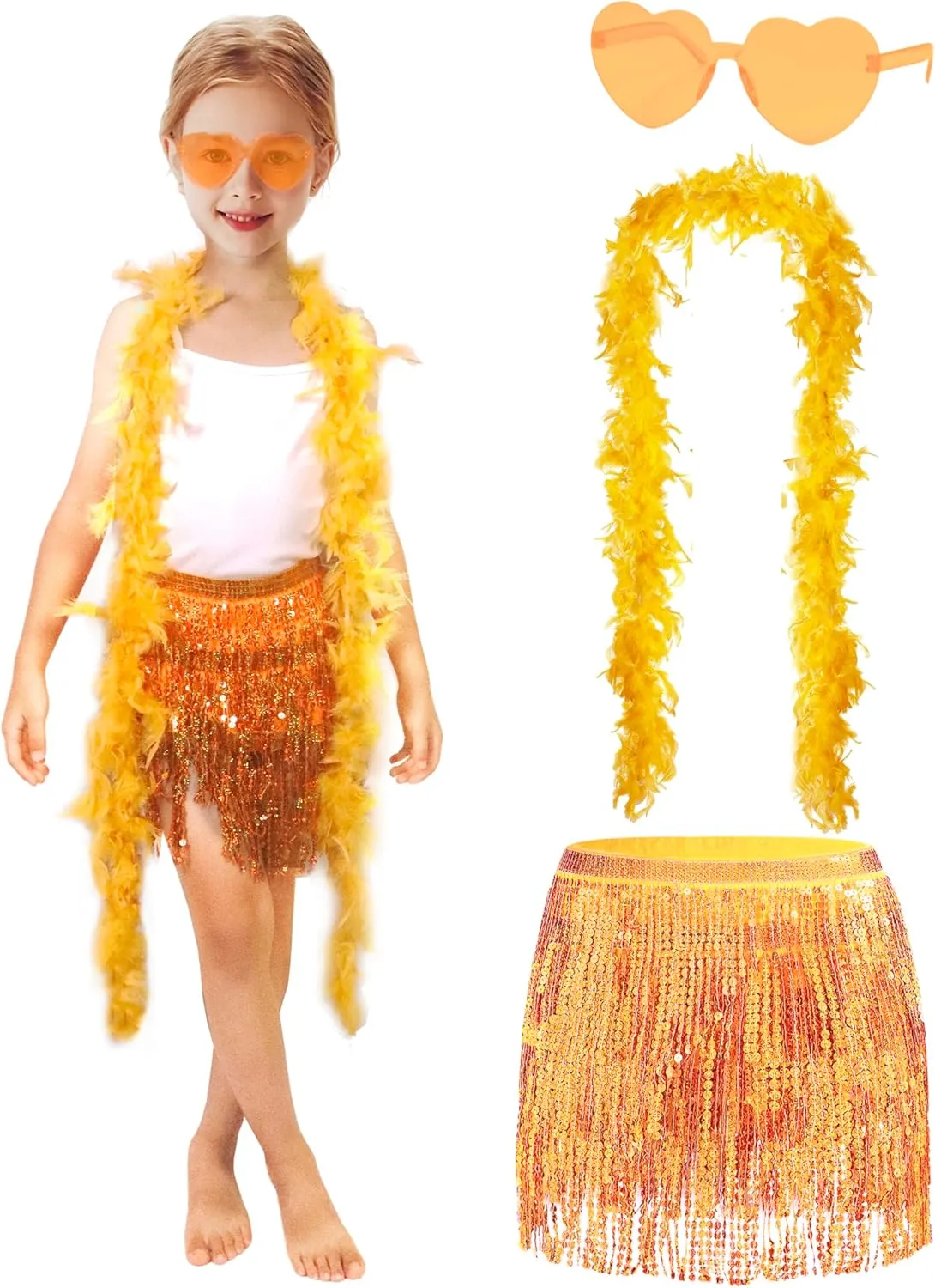 Girls Sequin Skirt Kids Fringe Tassel Skirt Feather Boa Sunglasses Belly Dance Rave Disco Tutu for 3-12Y