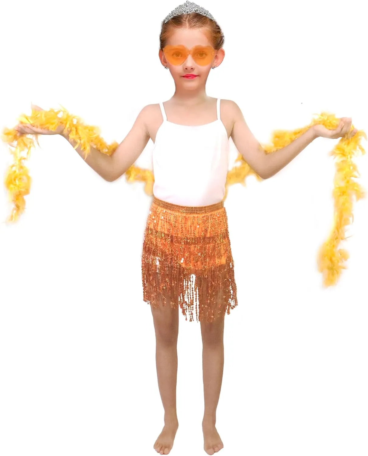 Girls Sequin Skirt Kids Fringe Tassel Skirt Feather Boa Sunglasses Belly Dance Rave Disco Tutu for 3-12Y