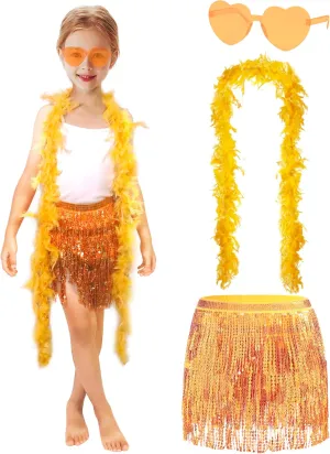 Girls Sequin Skirt Kids Fringe Tassel Skirt Feather Boa Sunglasses Belly Dance Rave Disco Tutu for 3-12Y