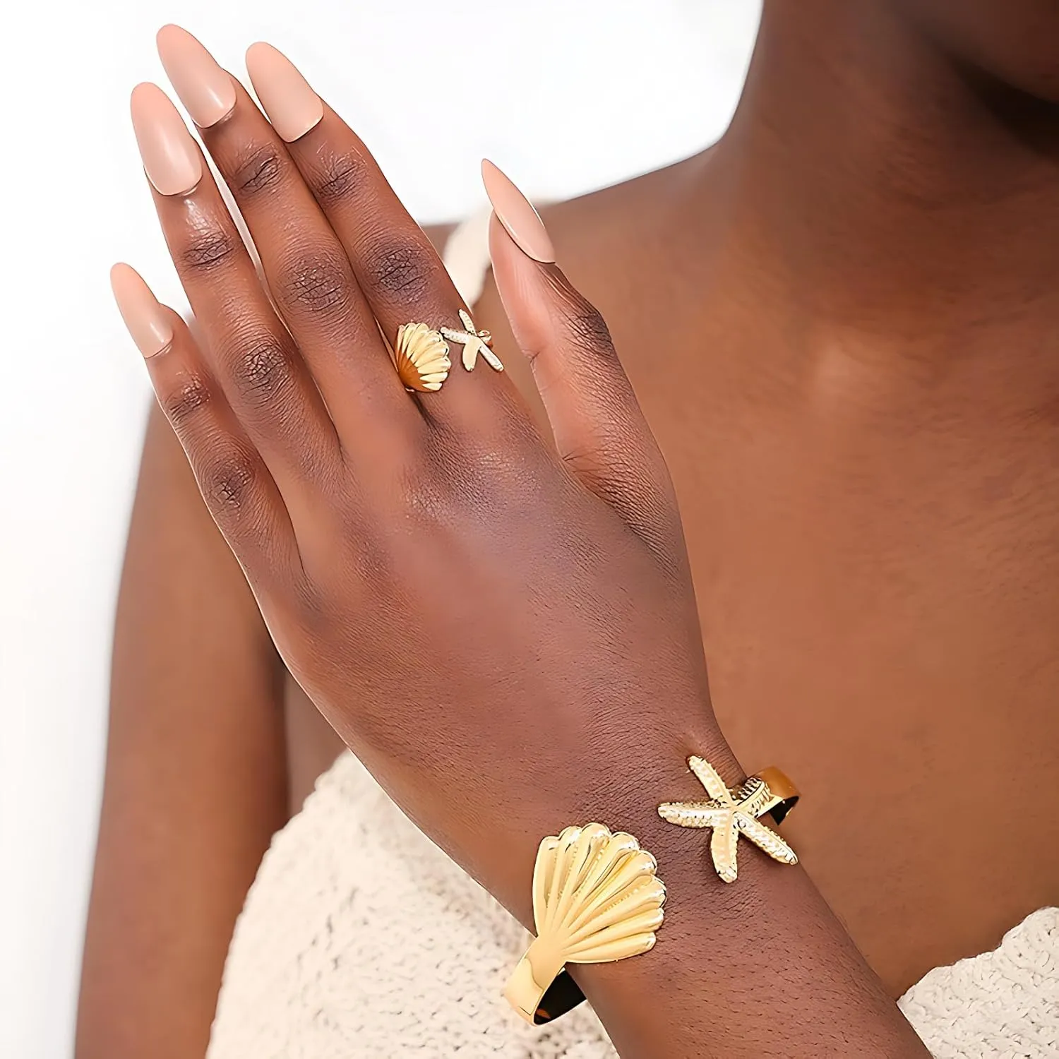 Gold Arm Cuff for Women Starfish Seashell Ring Summer Beach Bangle Adjustable Armband Set Upper Arm Bracelet Jewelry