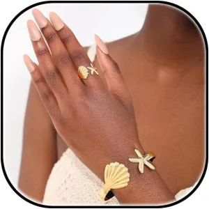 Gold Arm Cuff for Women Starfish Seashell Ring Summer Beach Bangle Adjustable Armband Set Upper Arm Bracelet Jewelry