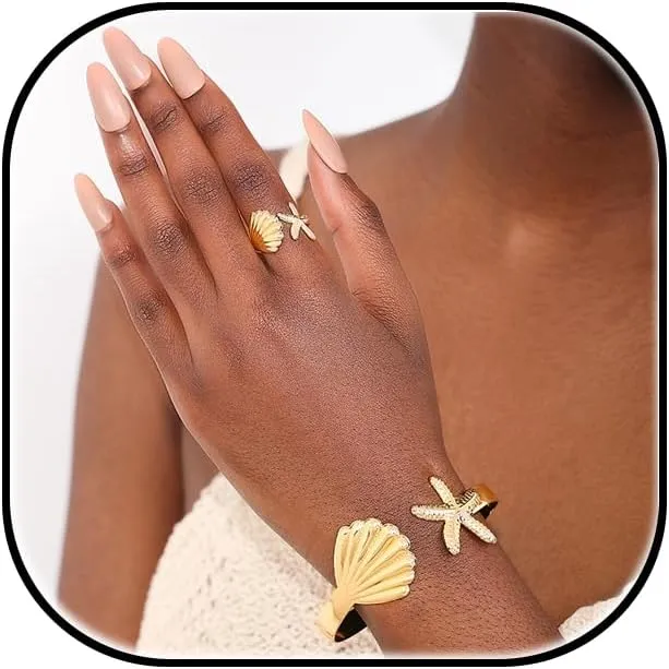 Gold Arm Cuff for Women Starfish Seashell Ring Summer Beach Bangle Adjustable Armband Set Upper Arm Bracelet Jewelry