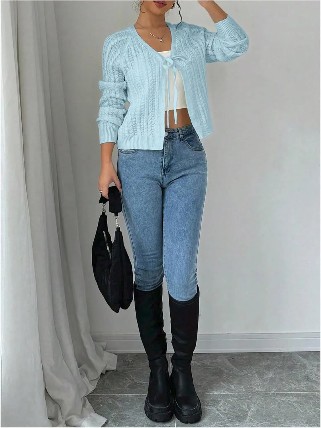GORGLITTER Women's White Cropped Cardigan Tie Front Cardigan Cable Knit Sweater