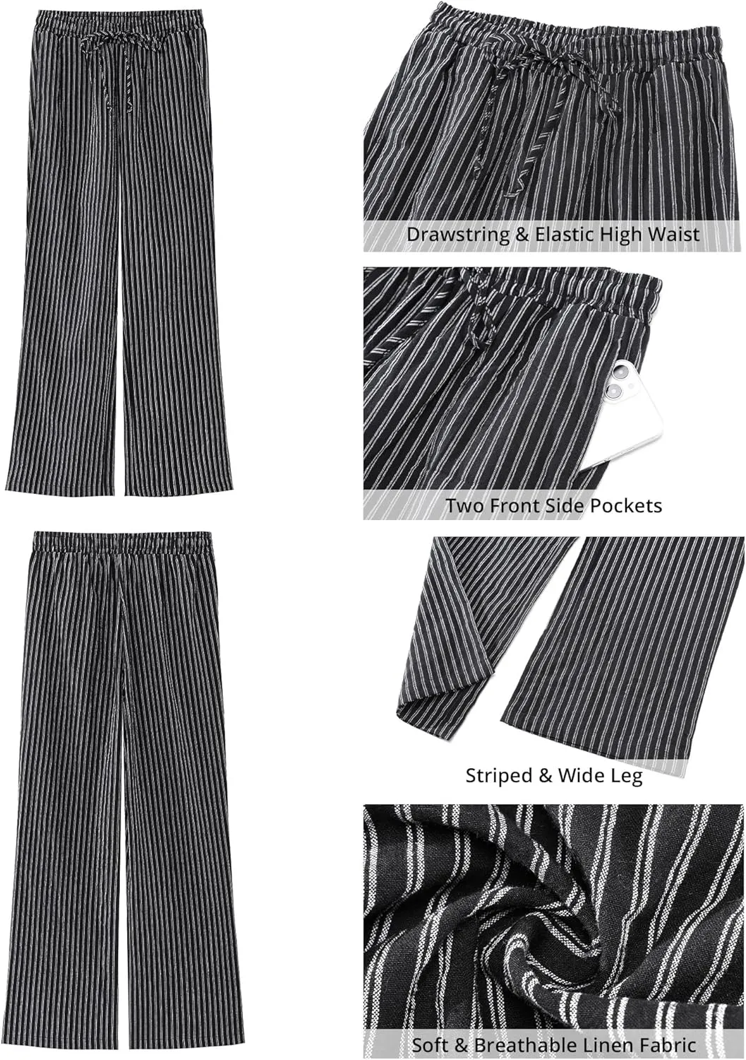 GRAPENT Striped Pants for Women High Waisted Wide Leg Cotton Linen Trendy Beach Pull On Elastic Waist Casual Flowy Pants