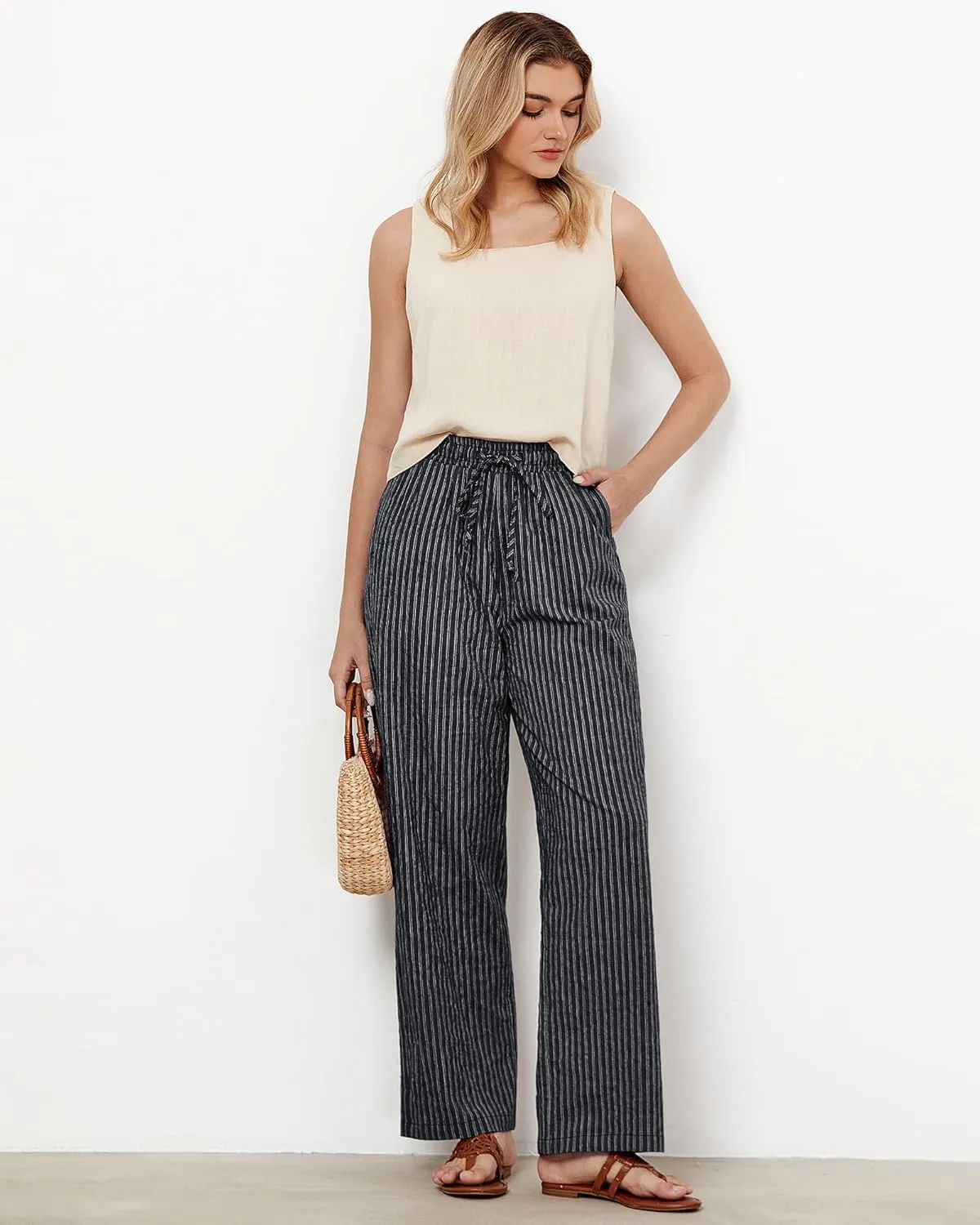 GRAPENT Striped Pants for Women High Waisted Wide Leg Cotton Linen Trendy Beach Pull On Elastic Waist Casual Flowy Pants