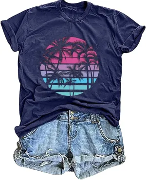 Hawaiian Shirts for Women Palm Trees Beach Graphic Tee Tops Summer Vacation Short Sleeve Tshirt Tops